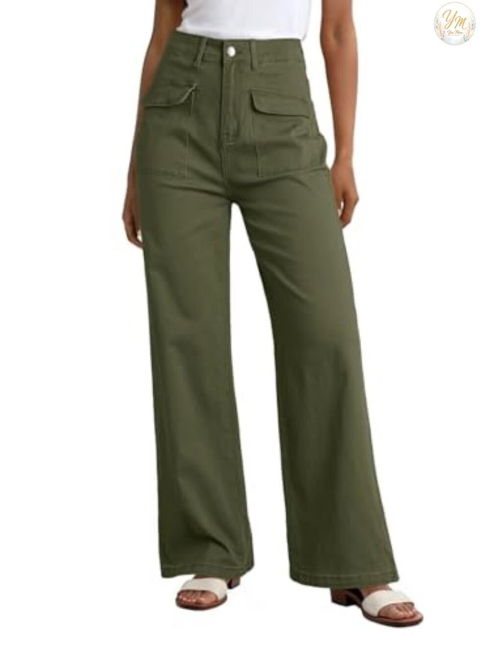 Women's Cargo Wide Leg High Waist Stretch Pants 95% Cotton with Pockets